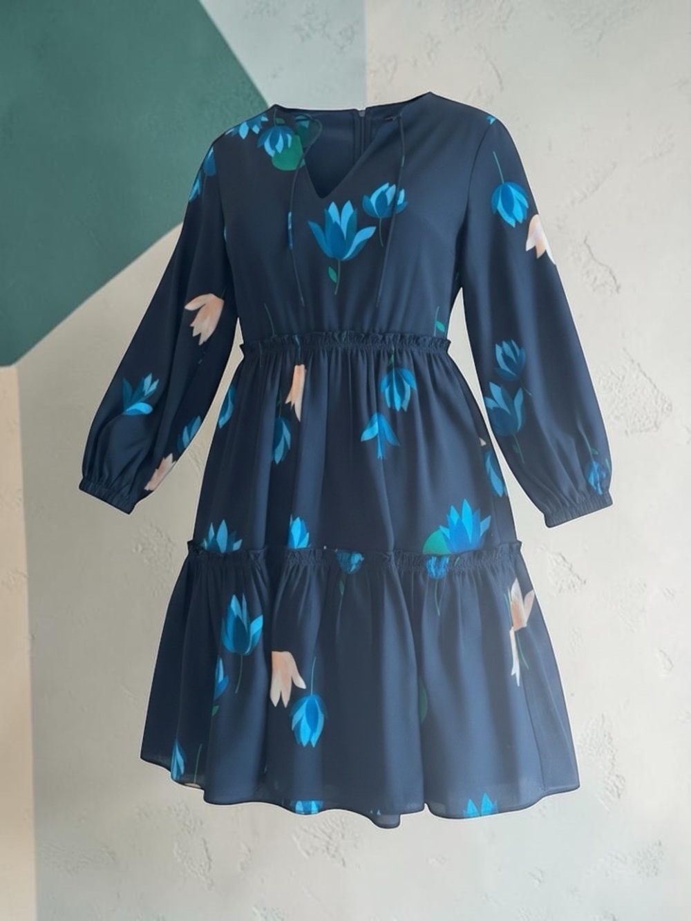Ann Taylor Navy Floral Tiered Long-Sleeve Dress